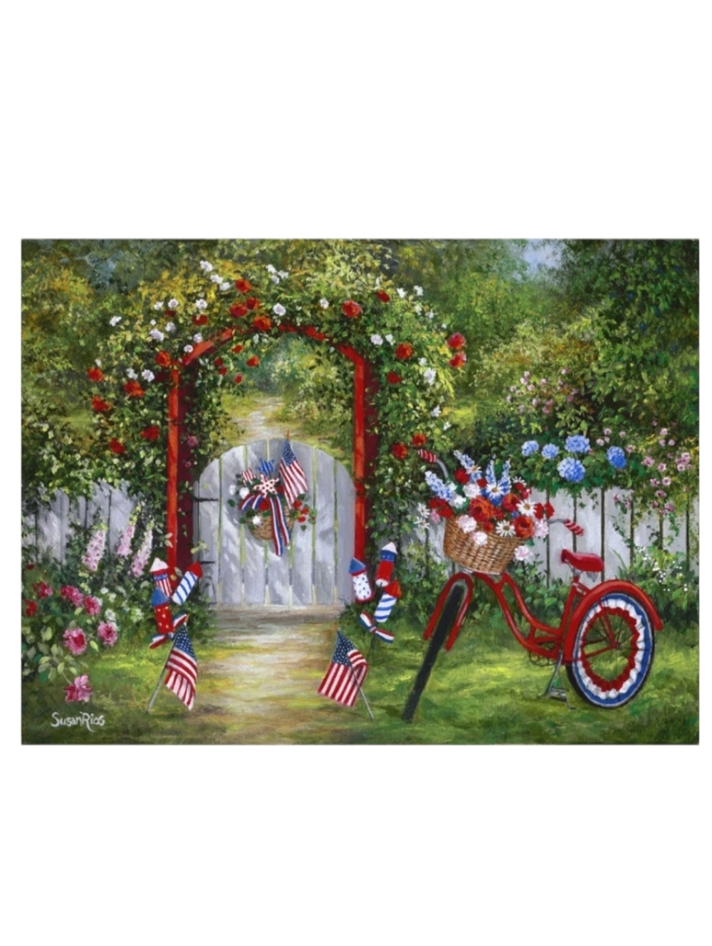 Patriotic Garden Print with Red Bicycle On Canvas Wall Hanging
